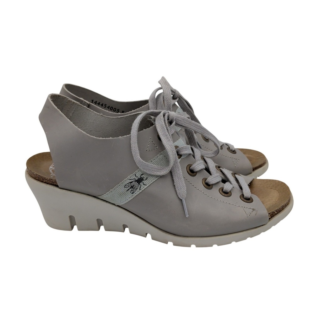 Fly London Yuta Womens 8-8.5 Grey Leather Lace Up Peep Toe Wedge Sandals 39